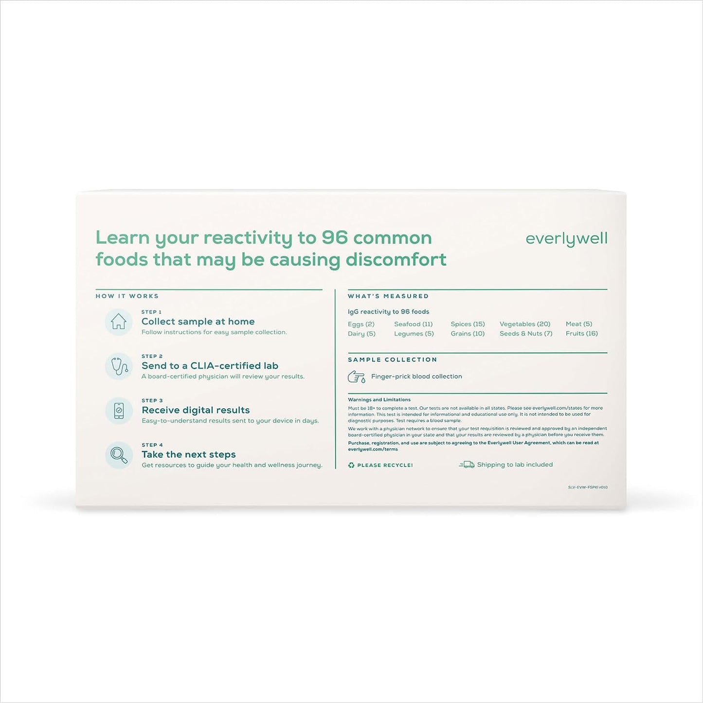 Everlywell Food Sensitivity Test - Learn How Your Body Responds to 96 Different Foods - at-Home Collection Kit - CLIA-Certified Labs - Ages 18+