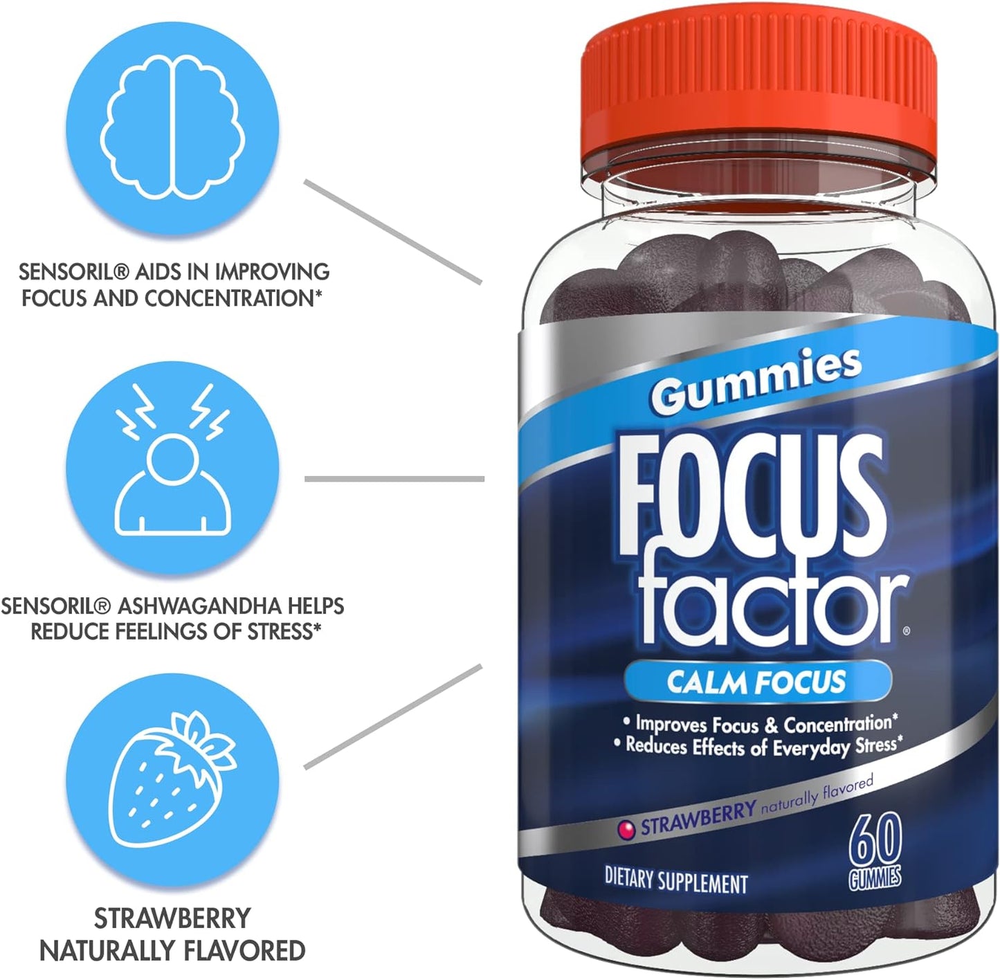 Focus Factor Calm Focus Nootropic Gummies (60 Count) - Calm Gummies with, Lemon Balm Extract & L-theanine for Stress Support, Focus, and Concentration