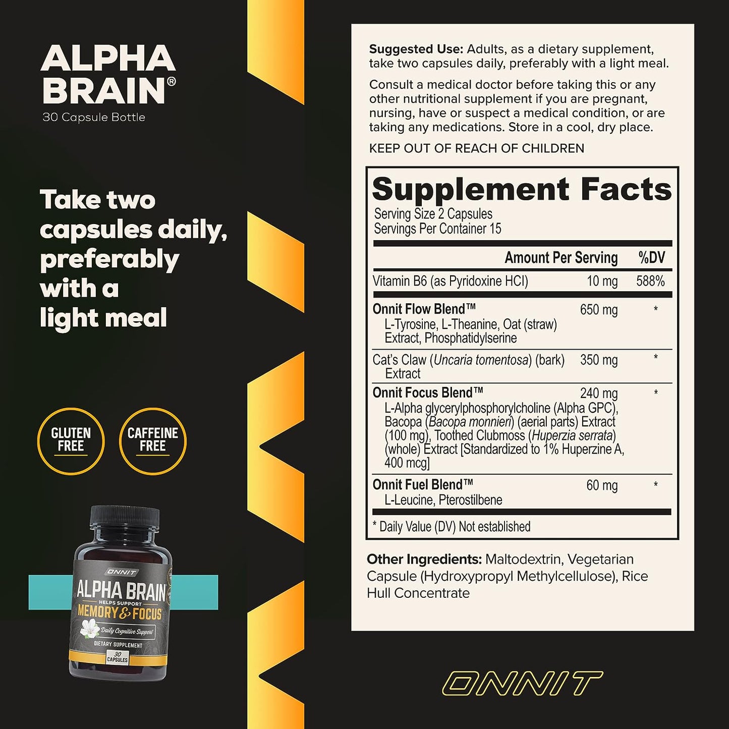 Onnit Alpha Brain Premium Nootropic Brain Supplement, 90 Count, Focus Capsules for Concentration, Brain & Memory Support