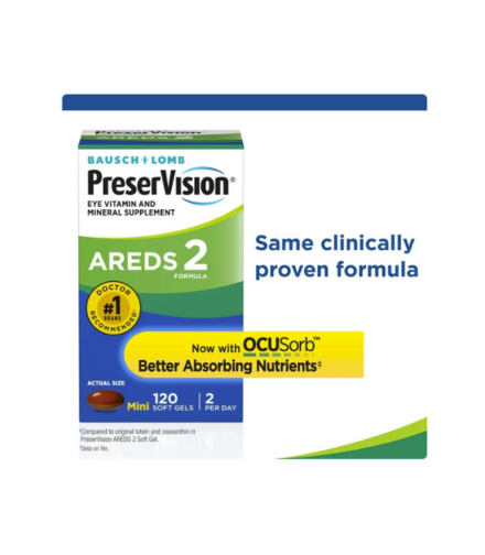 PreserVision AREDS 2 Formula, Eye Vitamin and Mineral Supplement, From Bausch + Lomb, 120 Soft Gels (MiniGels)