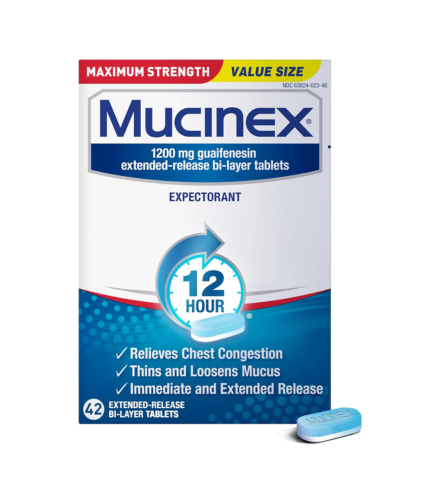 Mucinex 12 Hour 1200mg Maximum Strength Guaifenesin Chest Congestion & Mucus Relief, Guaifenesin Expectorant Aids Mucus Removal, Chest Decongestant for Adults, Dr Recommended, 42ct Tablets